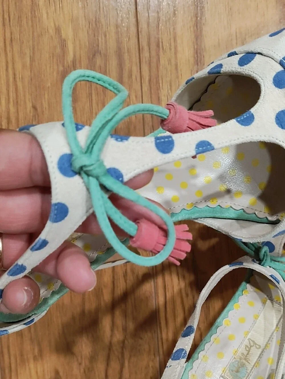 Boden White Pointed-Toe Polka Dot Heels with Blue Dots and Teal Ankle Tie